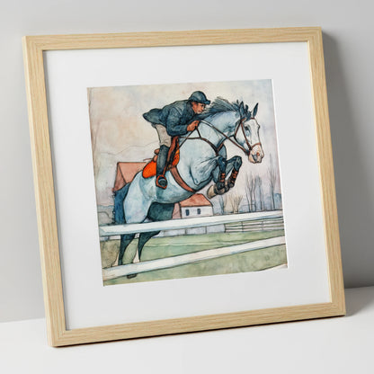 Clearing the Rails show jumping horse art print in natural frame