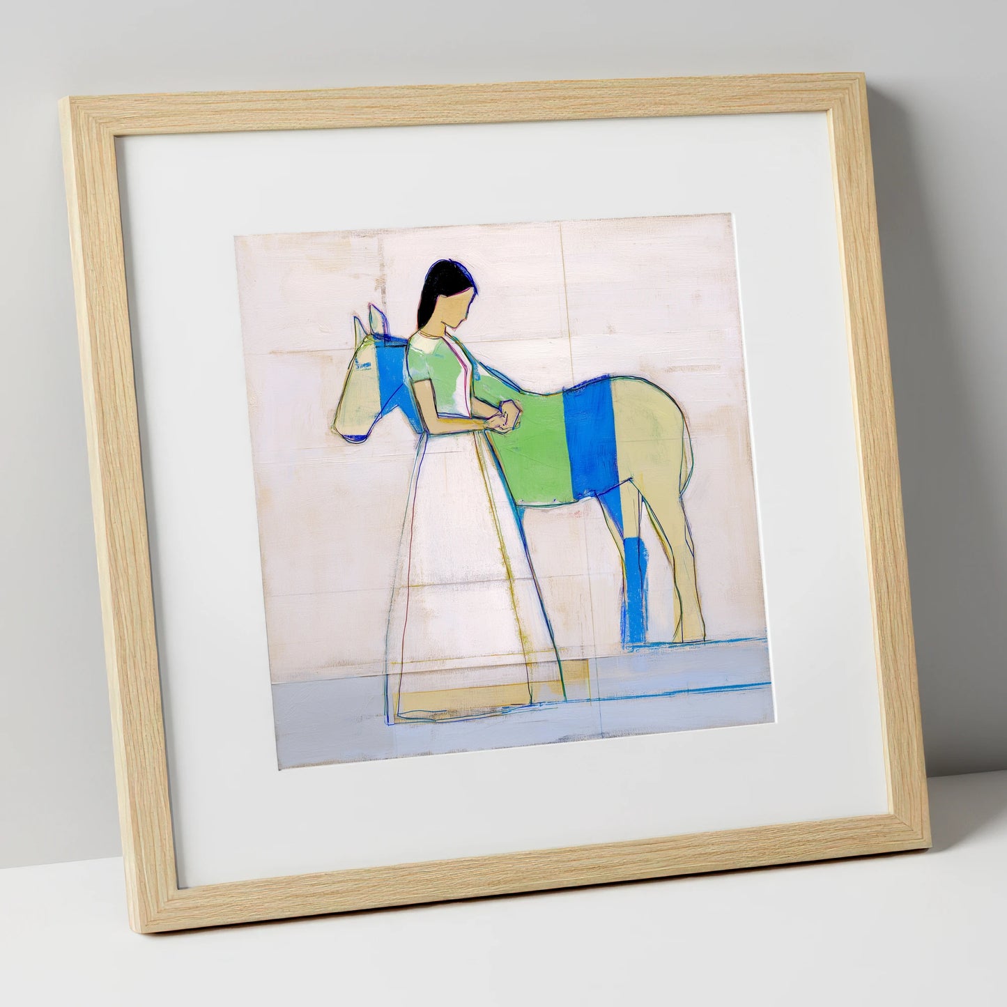 Quiet Blue Bond horse & rider art print in natural frame