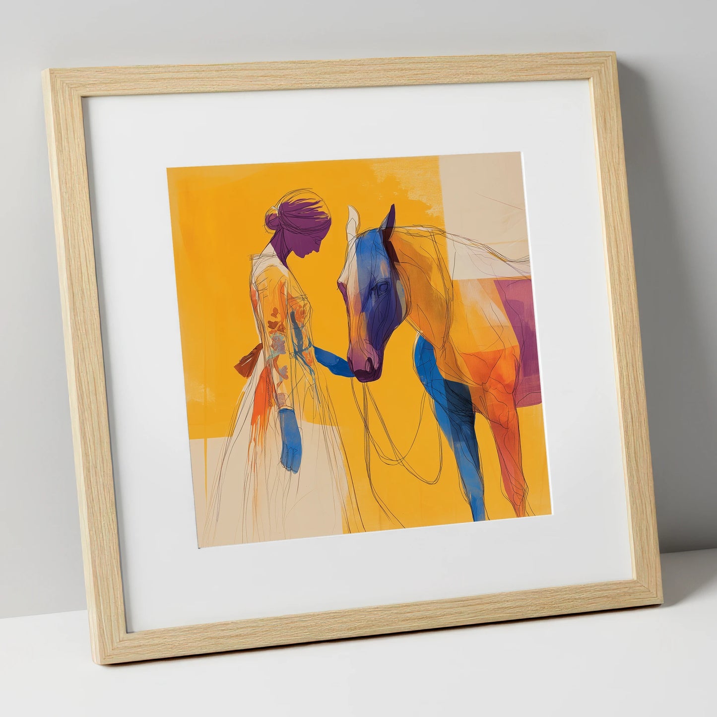 Vibrant Connection horse & rider art print in natural frame