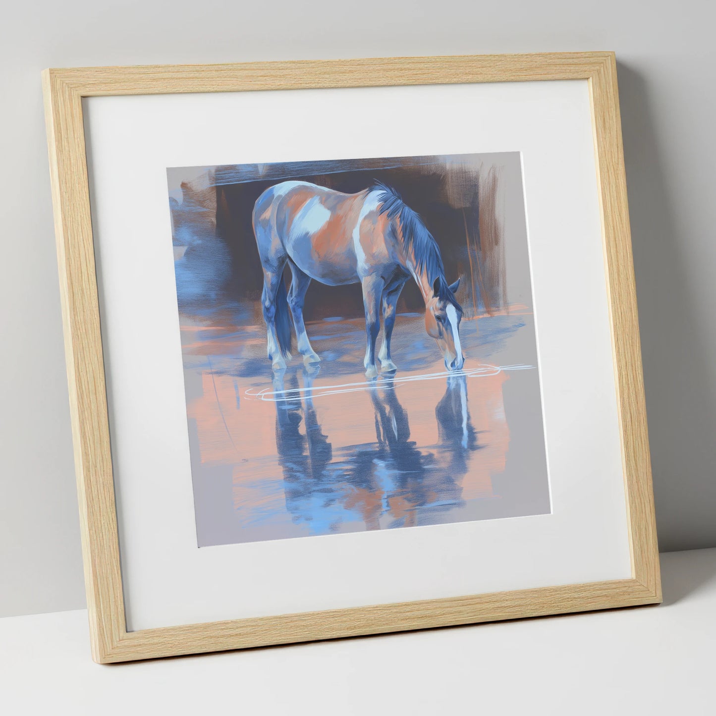 Tranquil Reflection horse portrait art print in natural frame