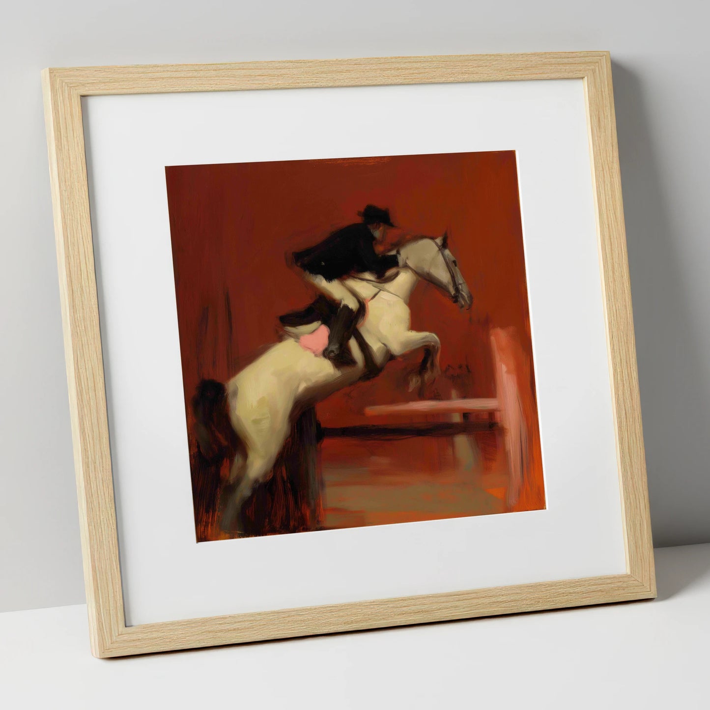 The Crimson Leap show jumping horse art print in natural frame