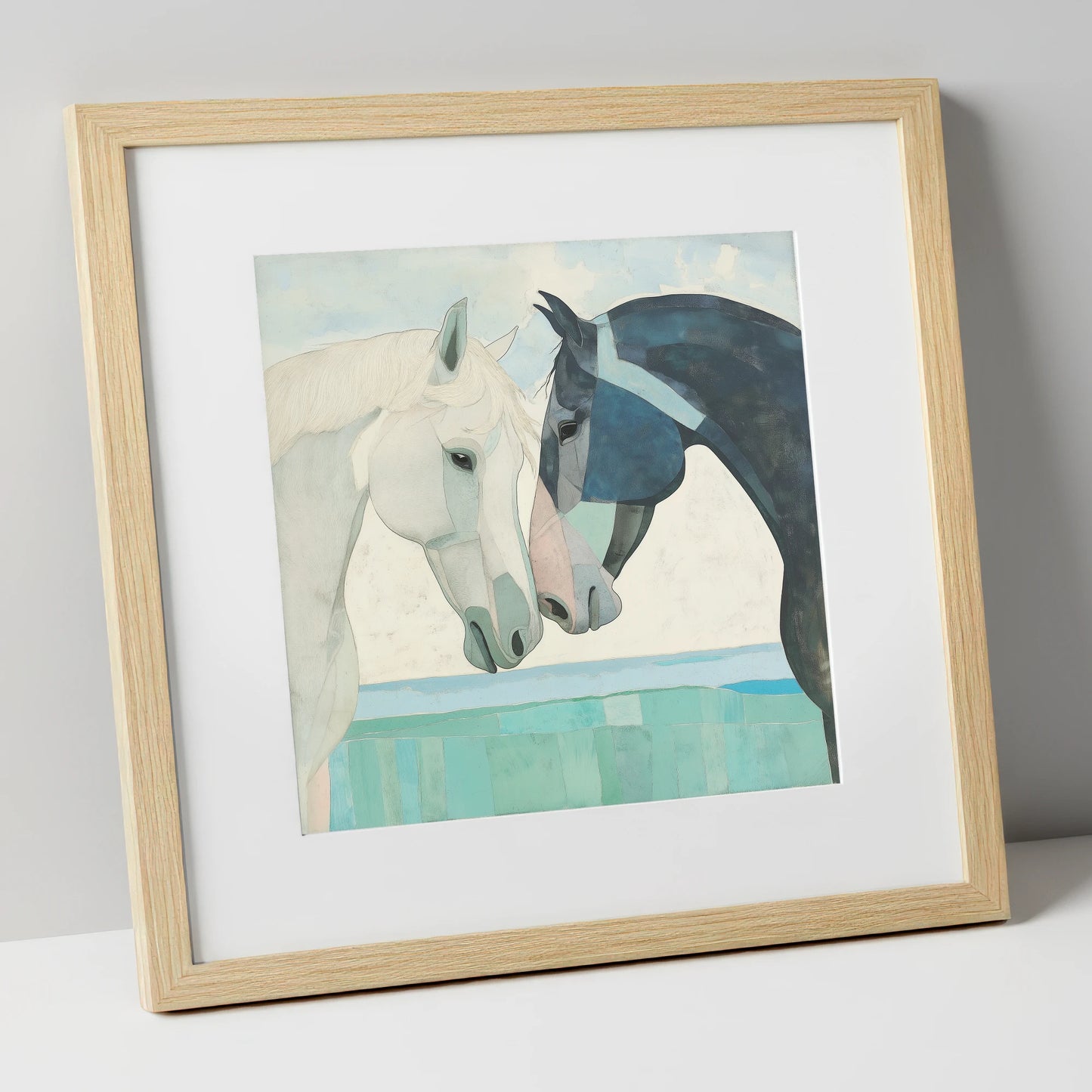 The Gentle Greeting horse portrait art print in natural frame