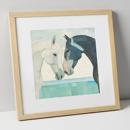 The Gentle Greeting horse portrait art print in natural frame