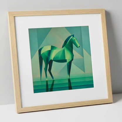 Emerald Geometric Equine horse portrait art print in natural frame