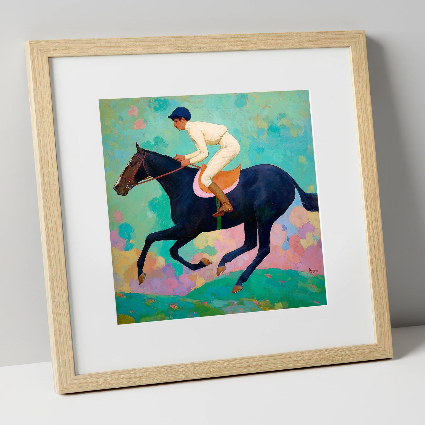 The Indigo Gallop racing horse art print in natural frame