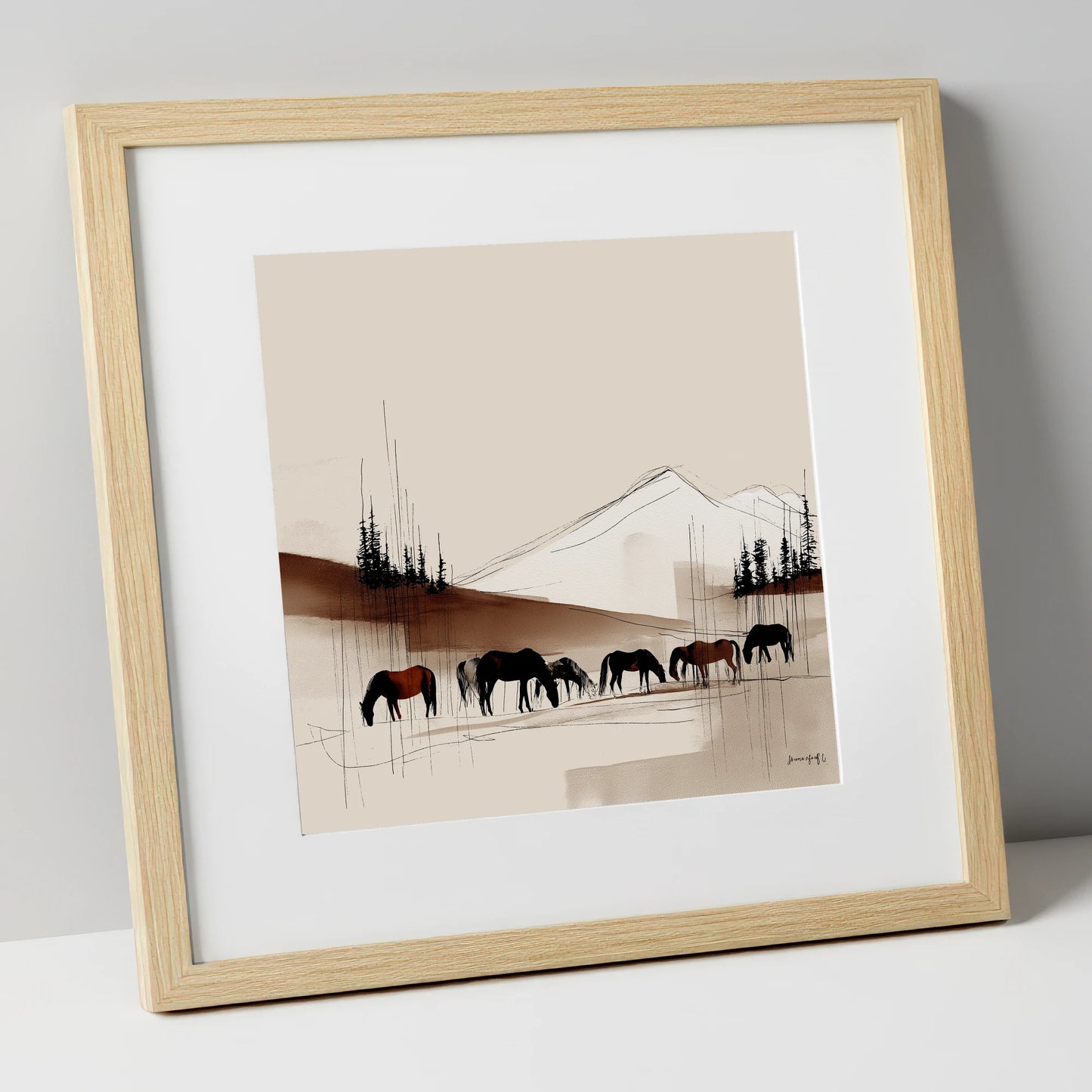 Tranquil Grazing Herd horse landscape art print in natural frame