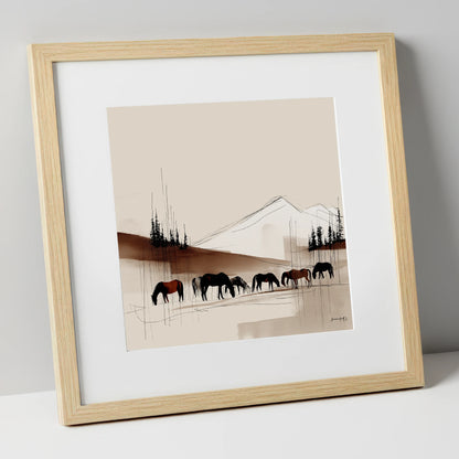 Tranquil Grazing Herd horse landscape art print in natural frame