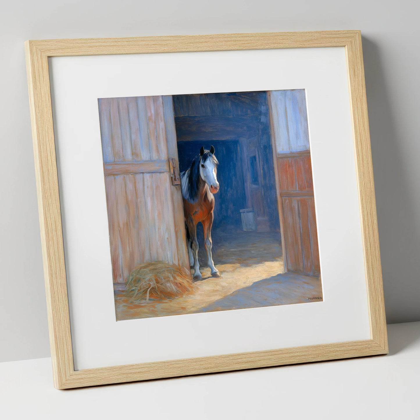 Sunlit Barn Doorway horse stable art print in natural frame