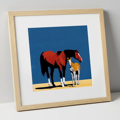 Bold Modern Devotion mare & foal art print in natural frame