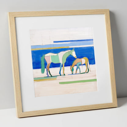 Azure Equine Geometry horse landscape art print in natural frame
