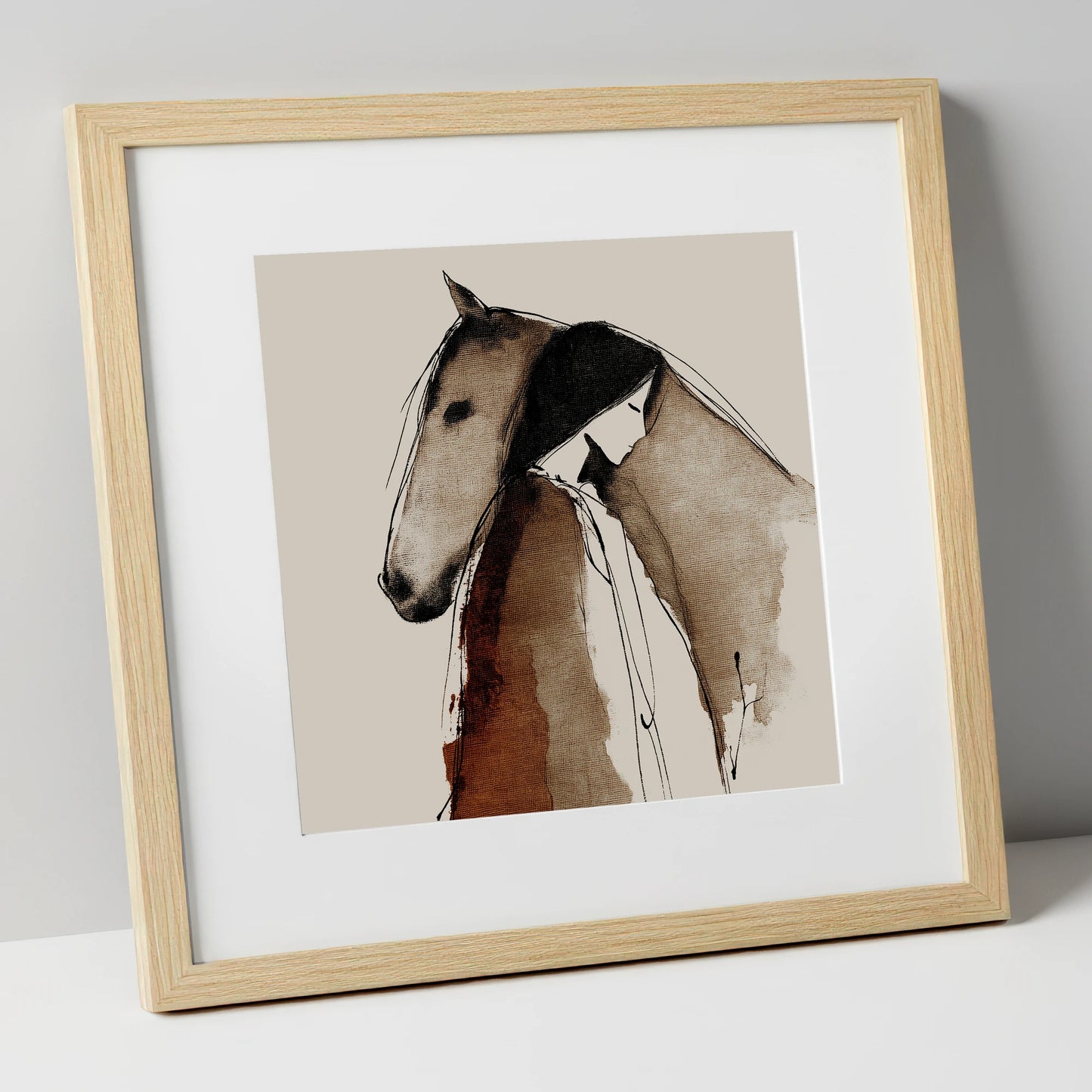 The Unspoken Bond horse & rider art print in natural frame
