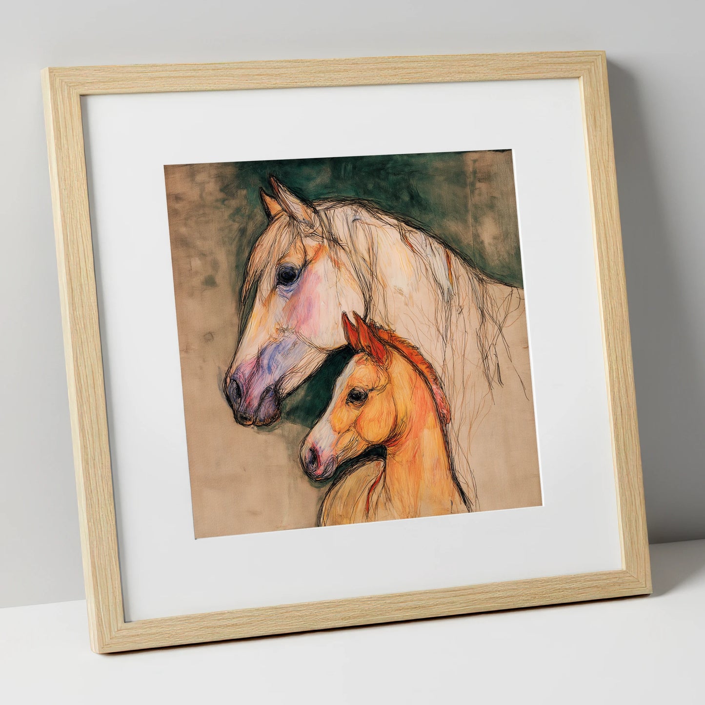 Quiet Devotion mare & foal art print in natural frame