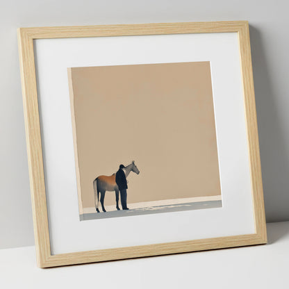 Stillness Together horse & rider art print in natural frame