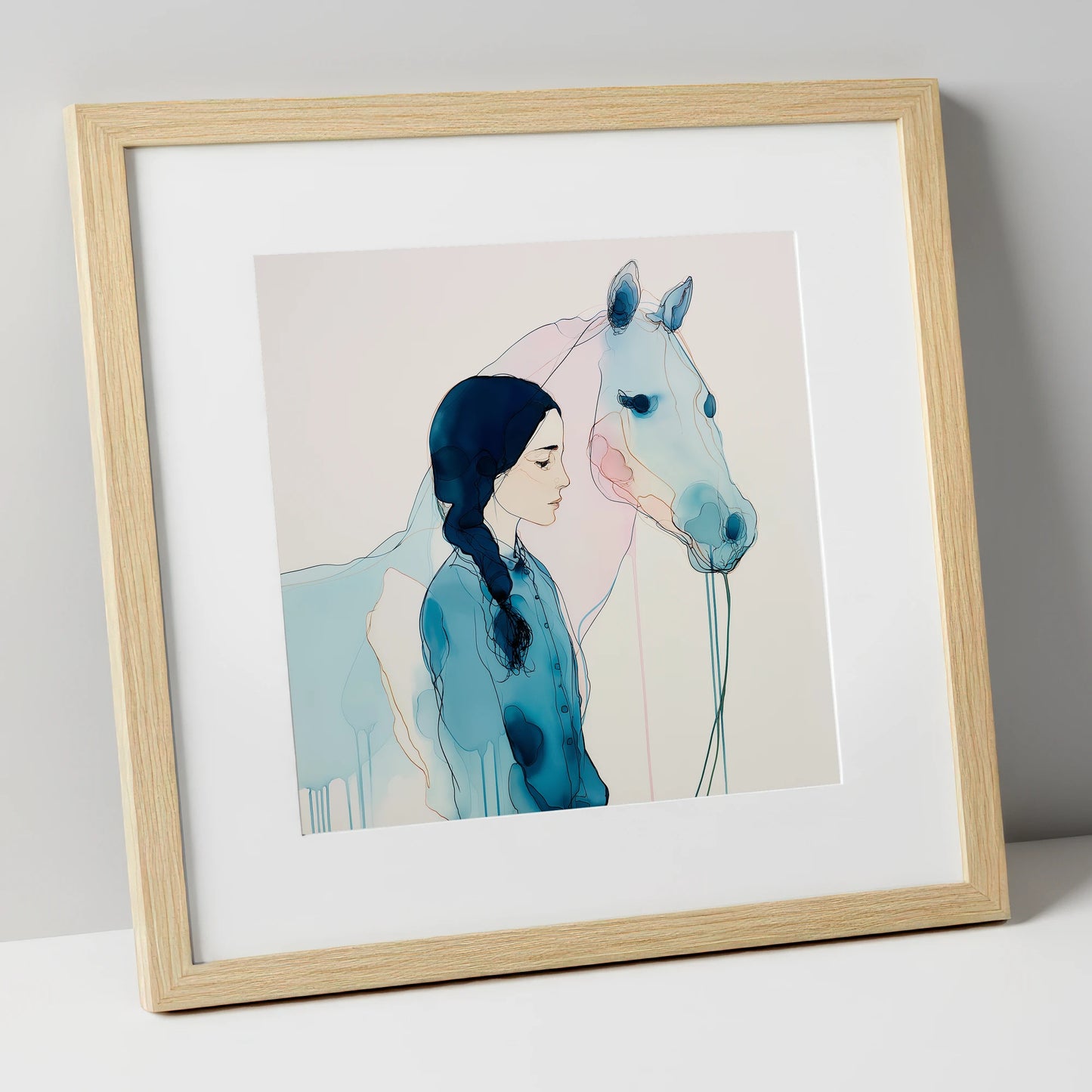 Ethereal Bond horse & rider art print in natural frame