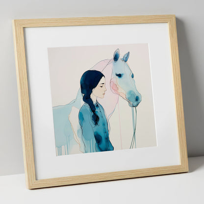Ethereal Bond horse & rider art print in natural frame