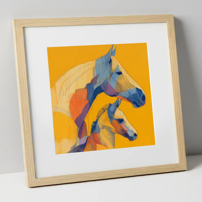 Golden Lineage mare & foal art print in natural frame