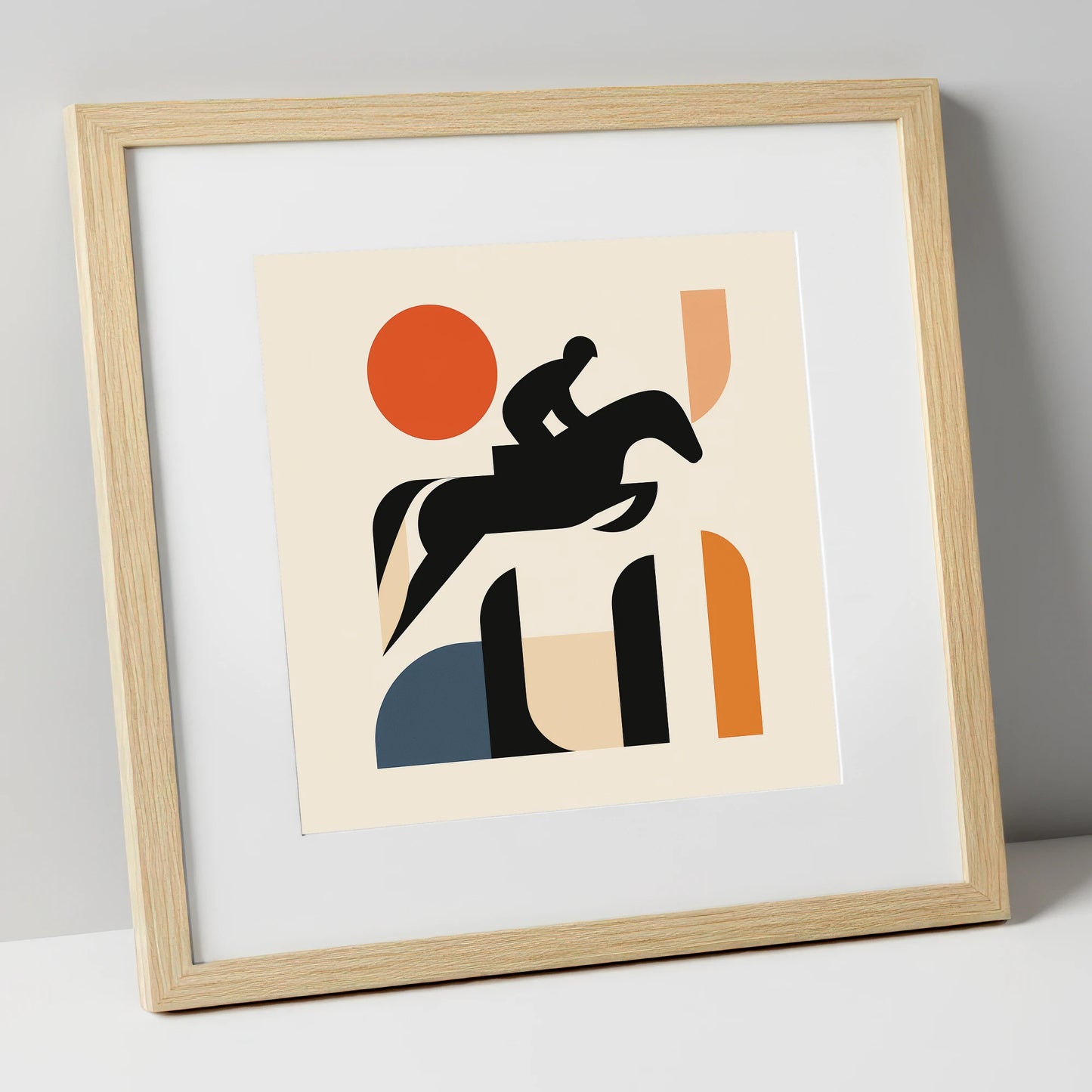 Geometric Showjumping Silhouette show jumping horse art print in natural frame