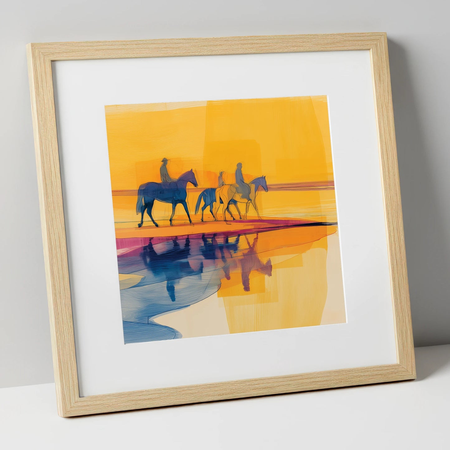 Golden Horizon Hack horse landscape art print in natural frame