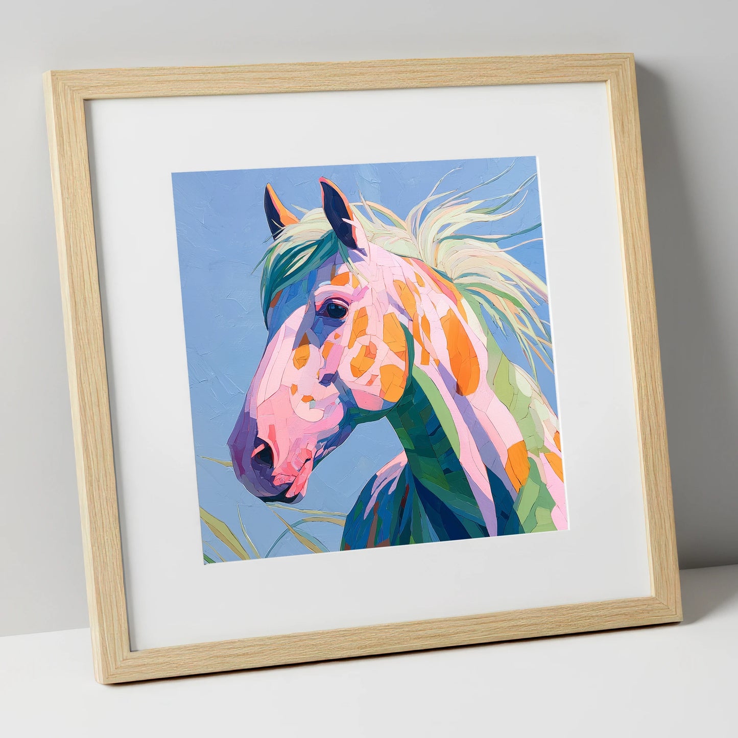 Technicolour Spirit horse breed art print in natural frame