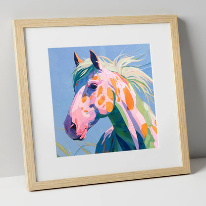 Technicolour Spirit horse breed art print in natural frame