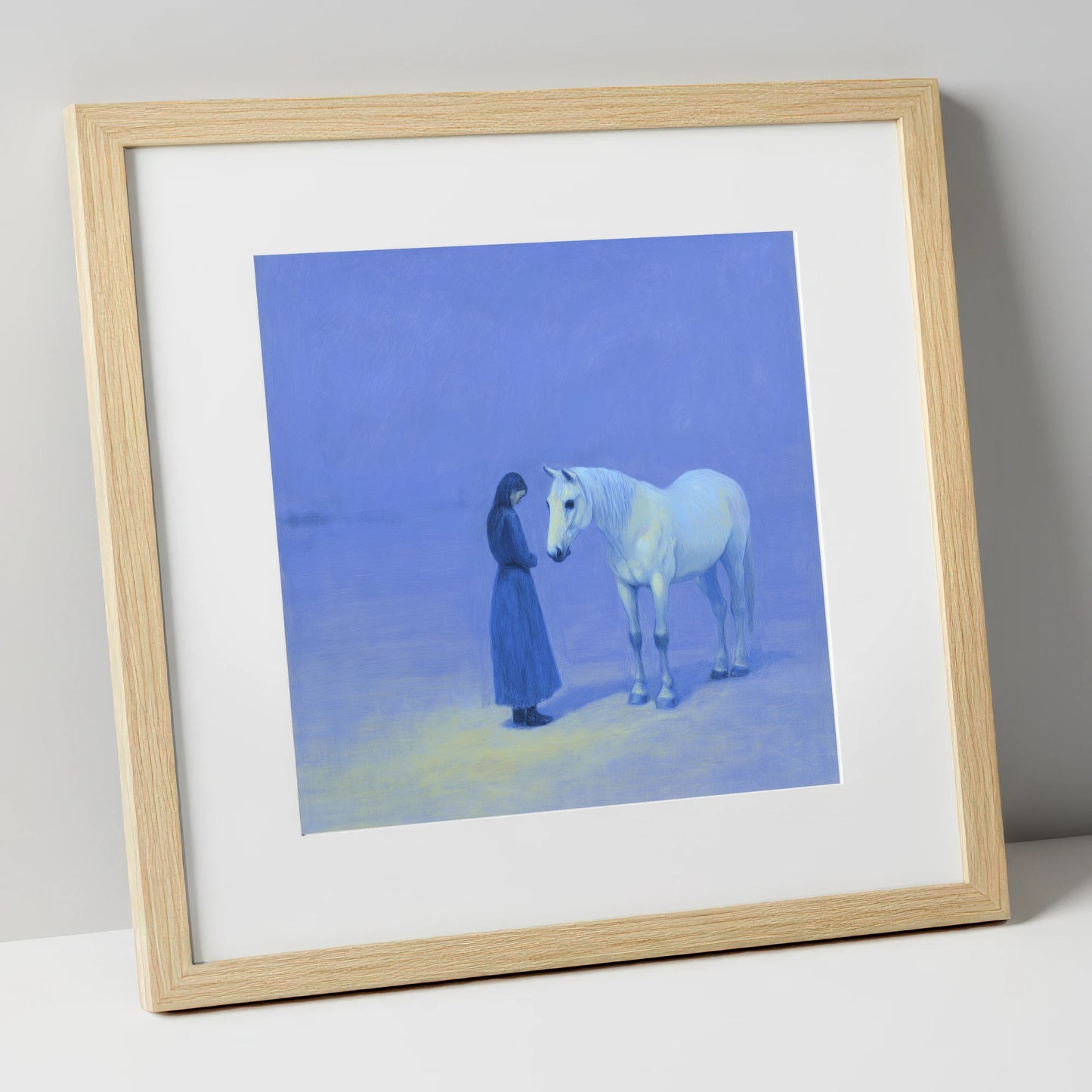 The Quiet Hour horse & rider art print in natural frame