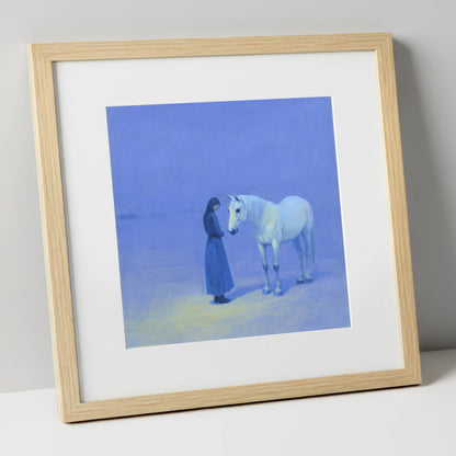 The Quiet Hour horse & rider art print in natural frame
