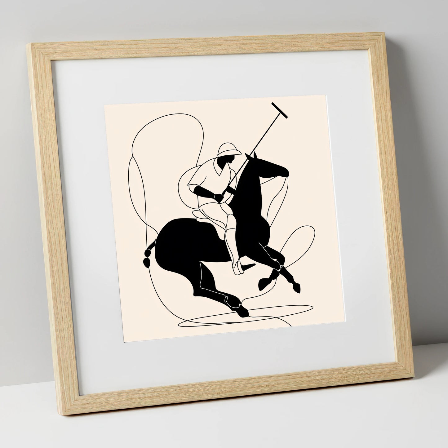 Fluid Polo Strike polo horse art print in natural frame