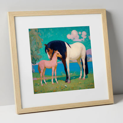 Dreamscape Mare and Foal mare & foal art print in natural frame