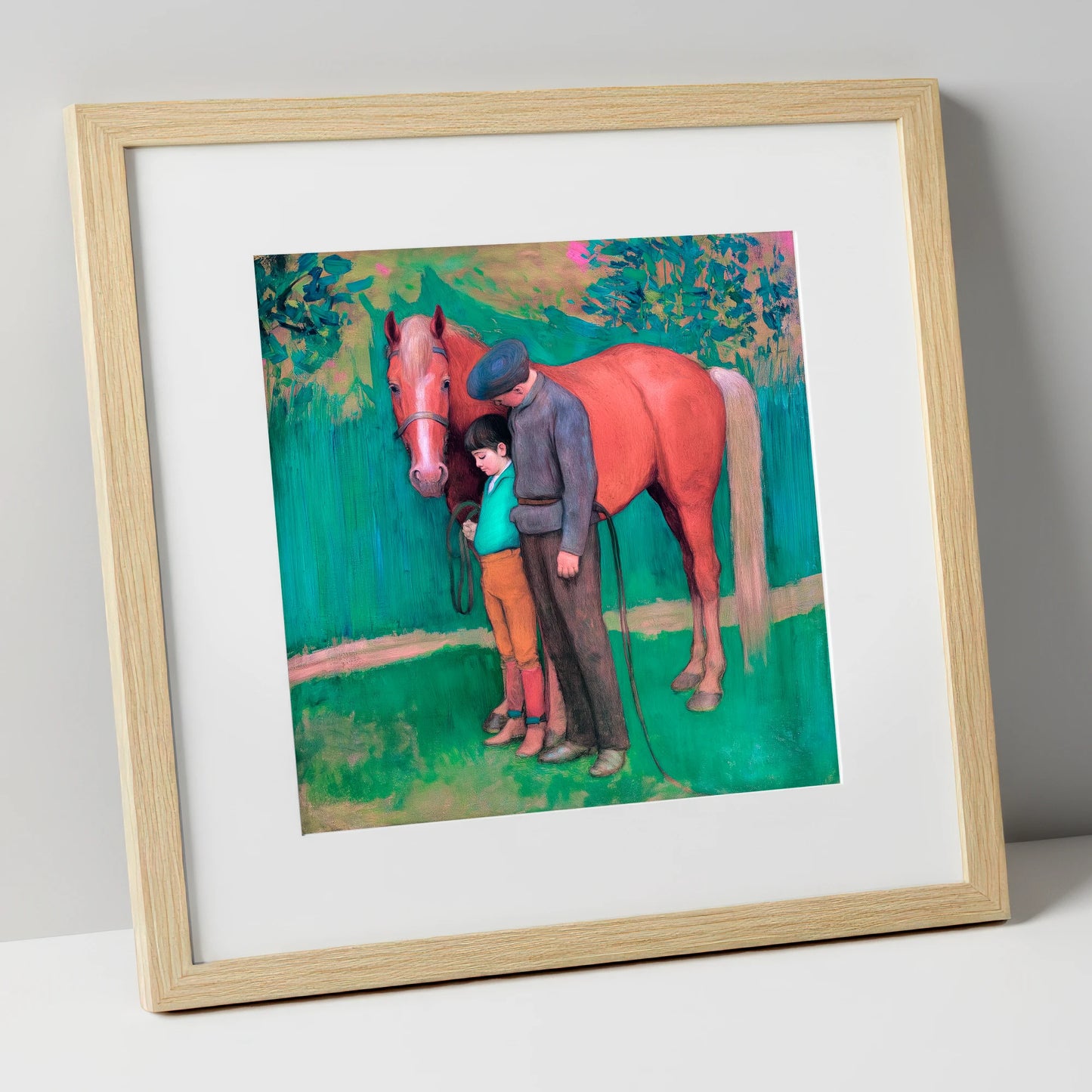 A Quiet Connection horse & rider art print in natural frame