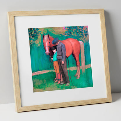 A Quiet Connection horse & rider art print in natural frame