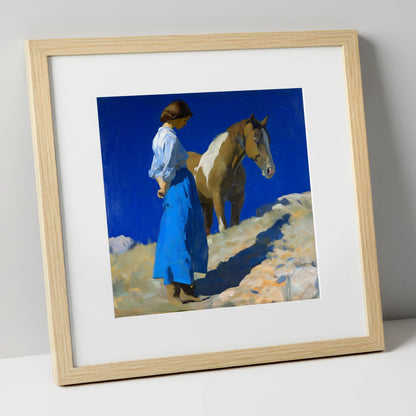 Under the Cobalt Sky horse & rider art print in natural frame
