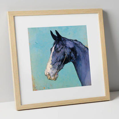 Azure Equine Profile horse portrait art print in natural frame