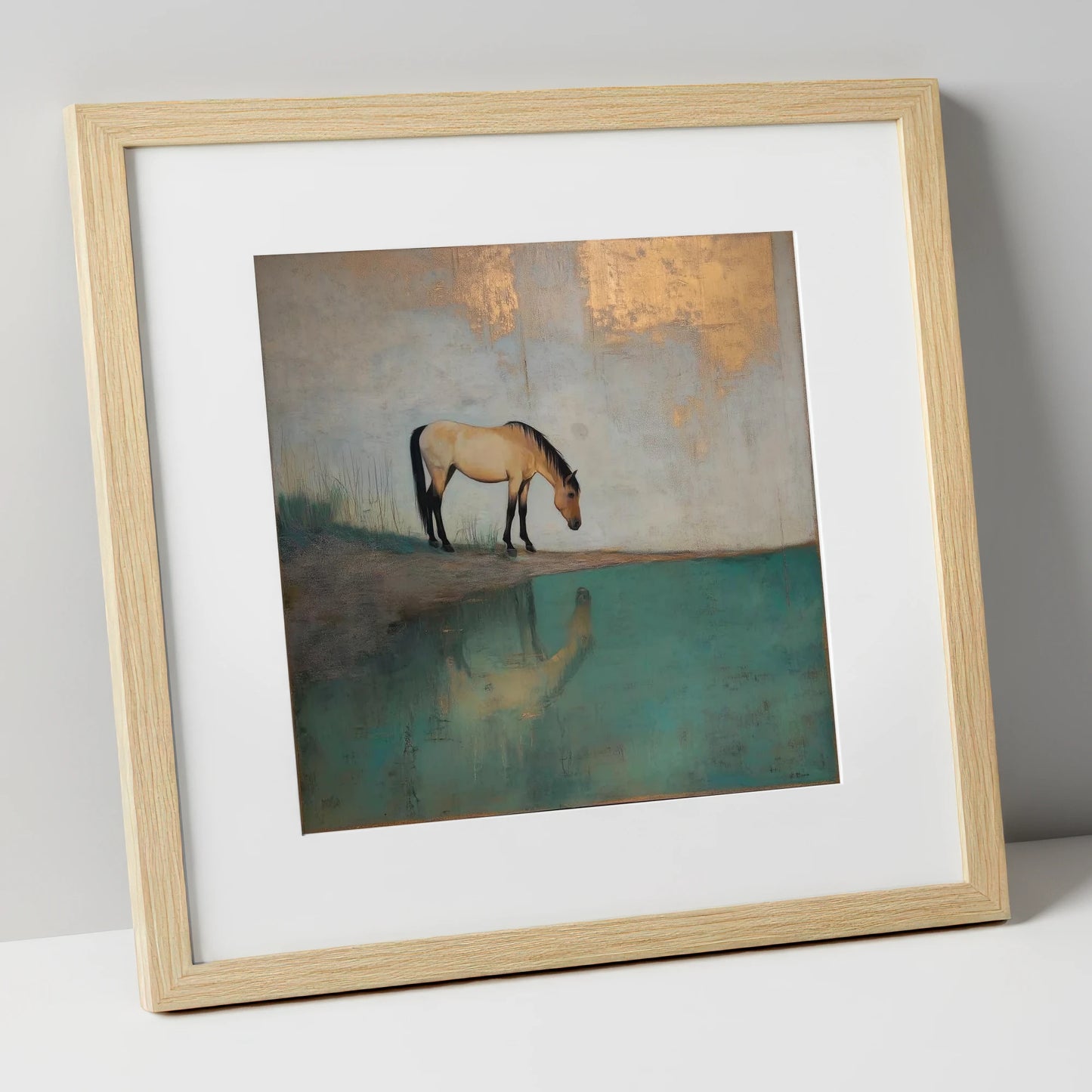 Gilded Equine Reflection horse landscape art print in natural frame