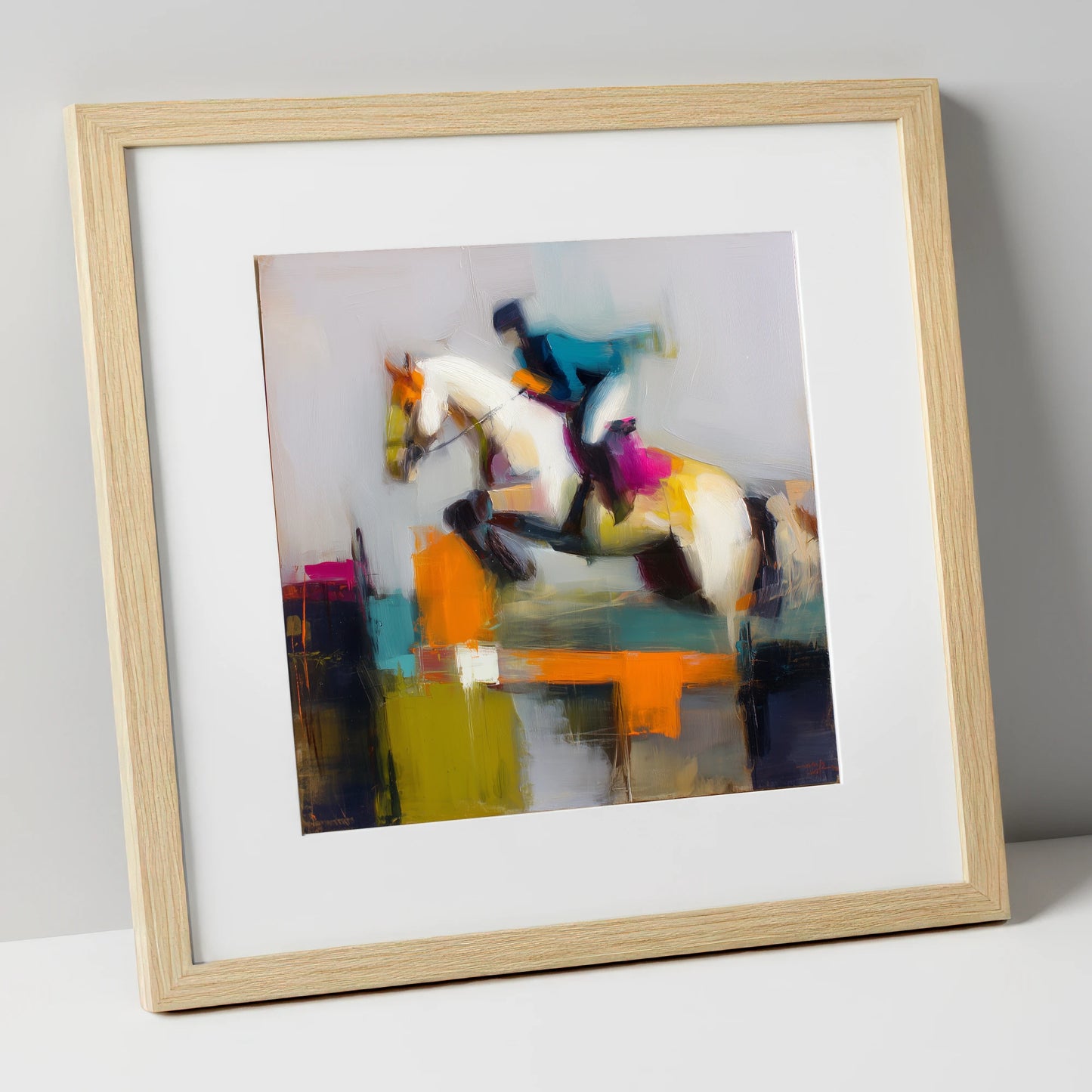 Vibrant Ascent show jumping horse art print in natural frame