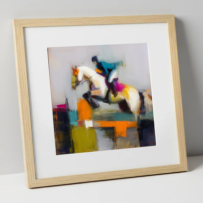 Vibrant Ascent show jumping horse art print in natural frame