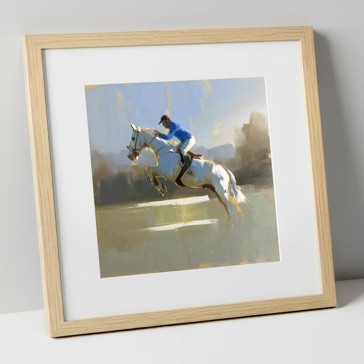Flight in Blue show jumping horse art print in natural frame
