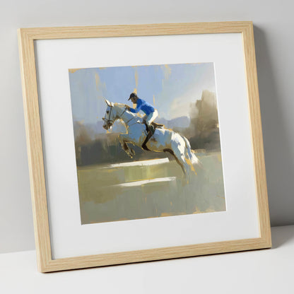 Flight in Blue show jumping horse art print in natural frame