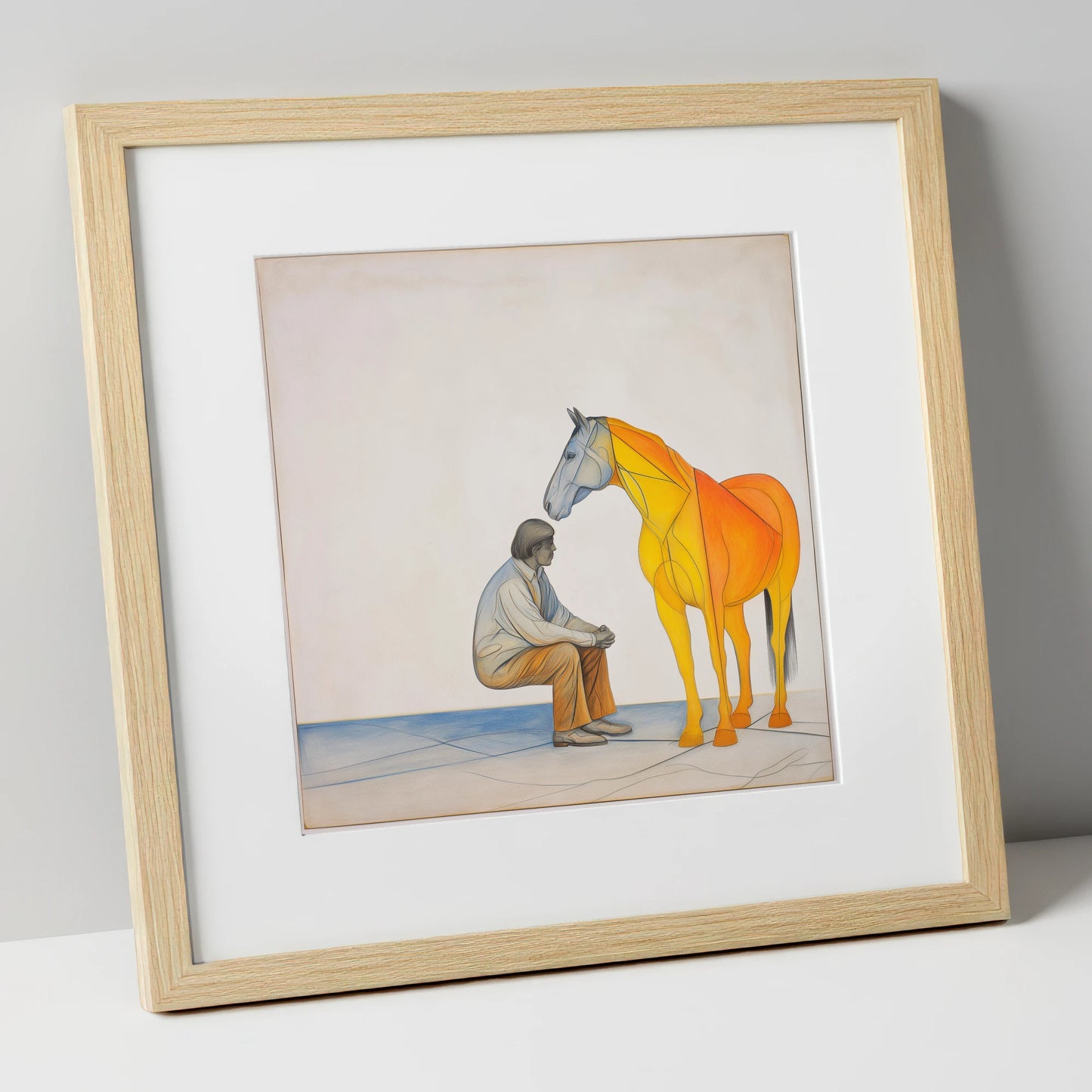 Silent Understanding horse & rider art print in natural frame