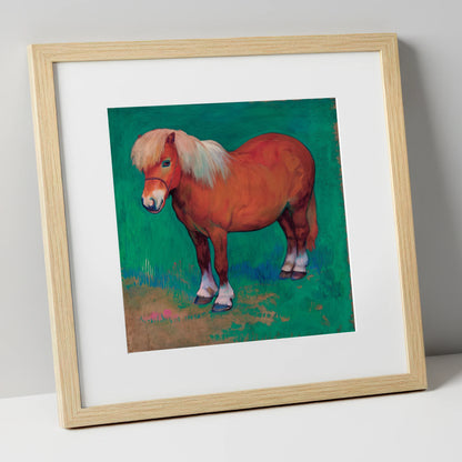Emerald Chestnut Pony horse breed art print in natural frame