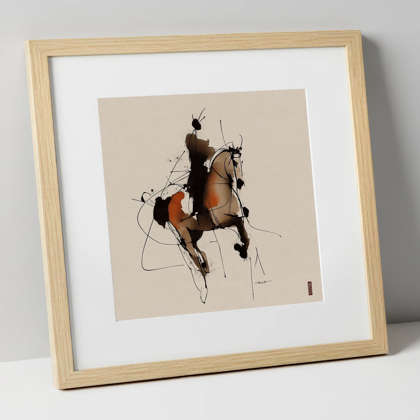 Abstract Dressage Silhouette dressage horse art print in natural frame