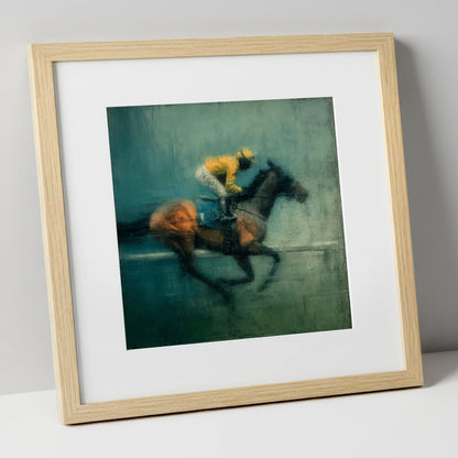 The Final Furlong racing horse art print in natural frame