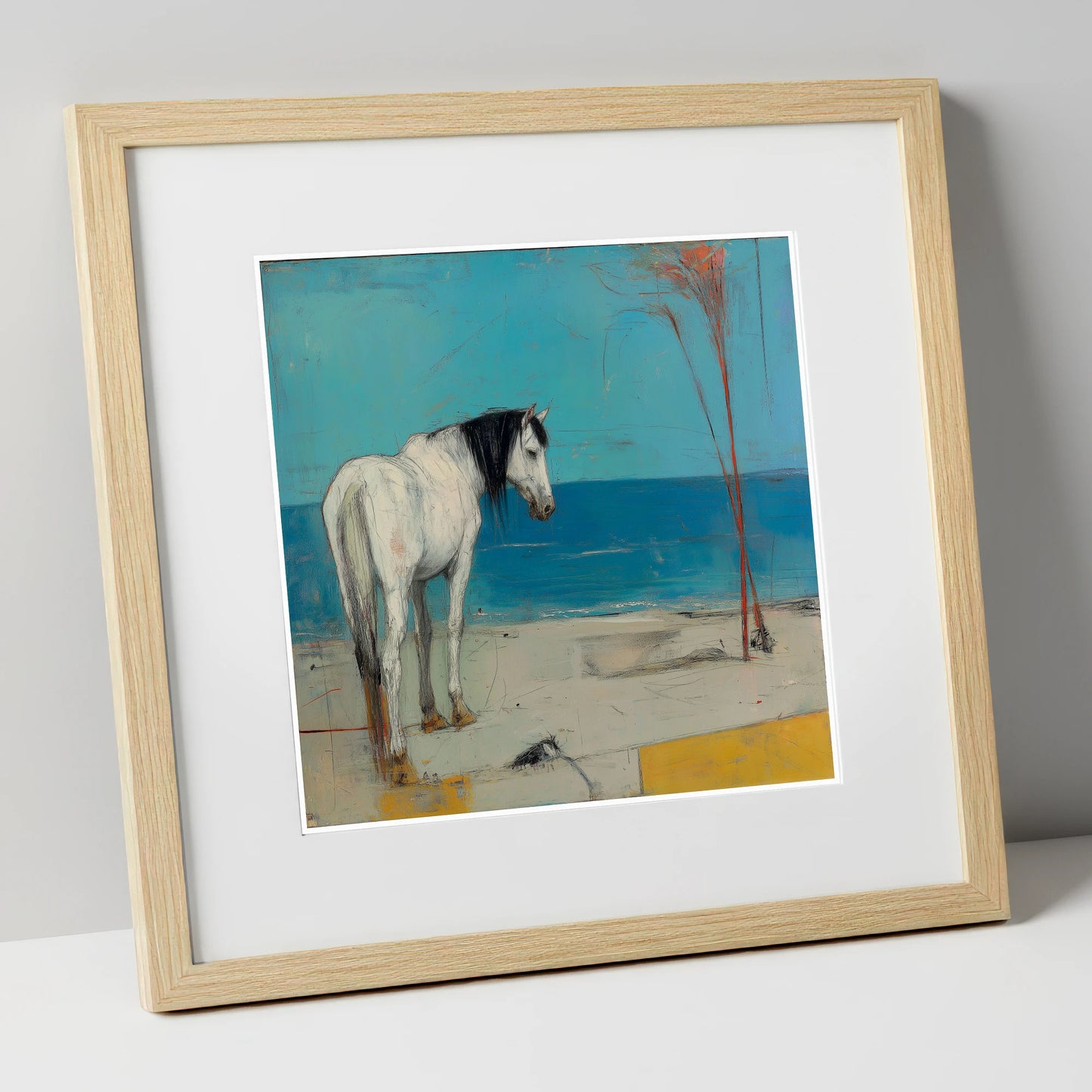 Coastal Solitude horse landscape art print in natural frame