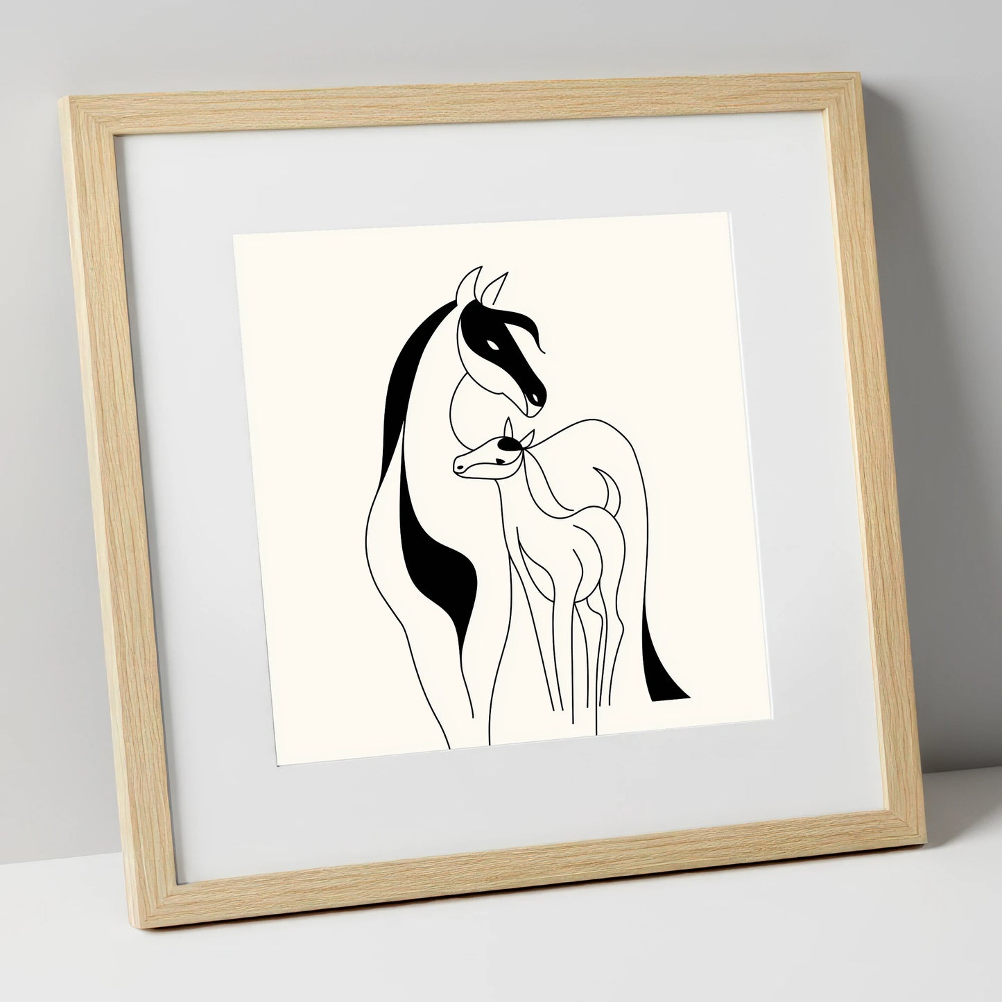 Tender Equine Silhouette mare & foal art print in natural frame