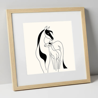 Tender Equine Silhouette mare & foal art print in natural frame