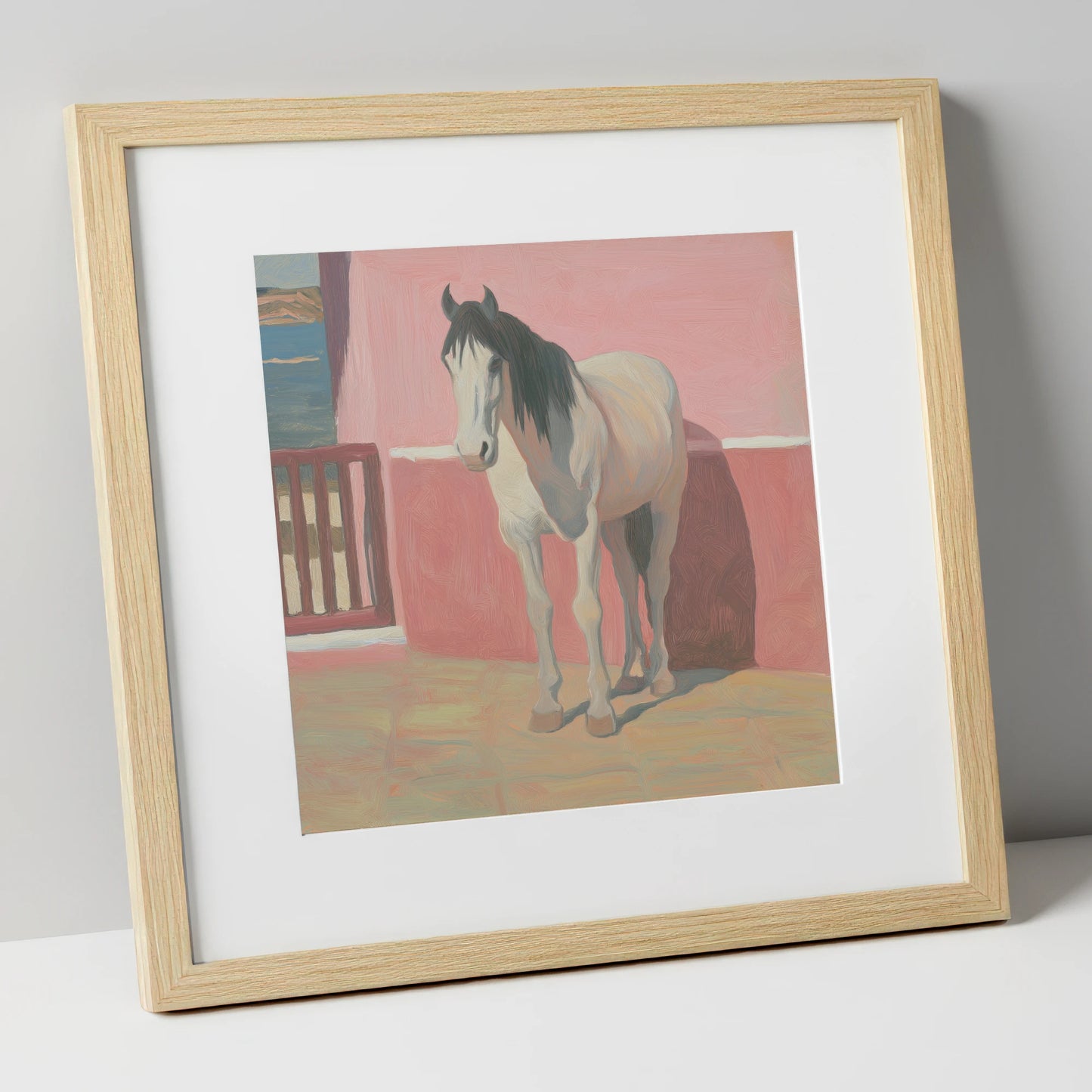 Coastal Courtyard Grey horse breed art print in natural frame