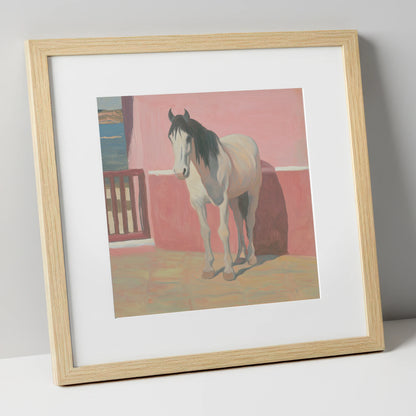 Coastal Courtyard Grey horse breed art print in natural frame