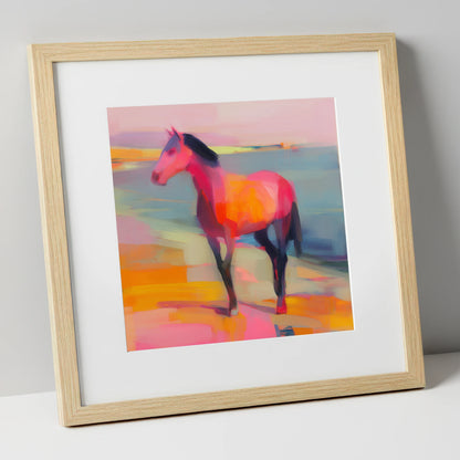 Vivid Shoreline Sentinel horse landscape art print in natural frame