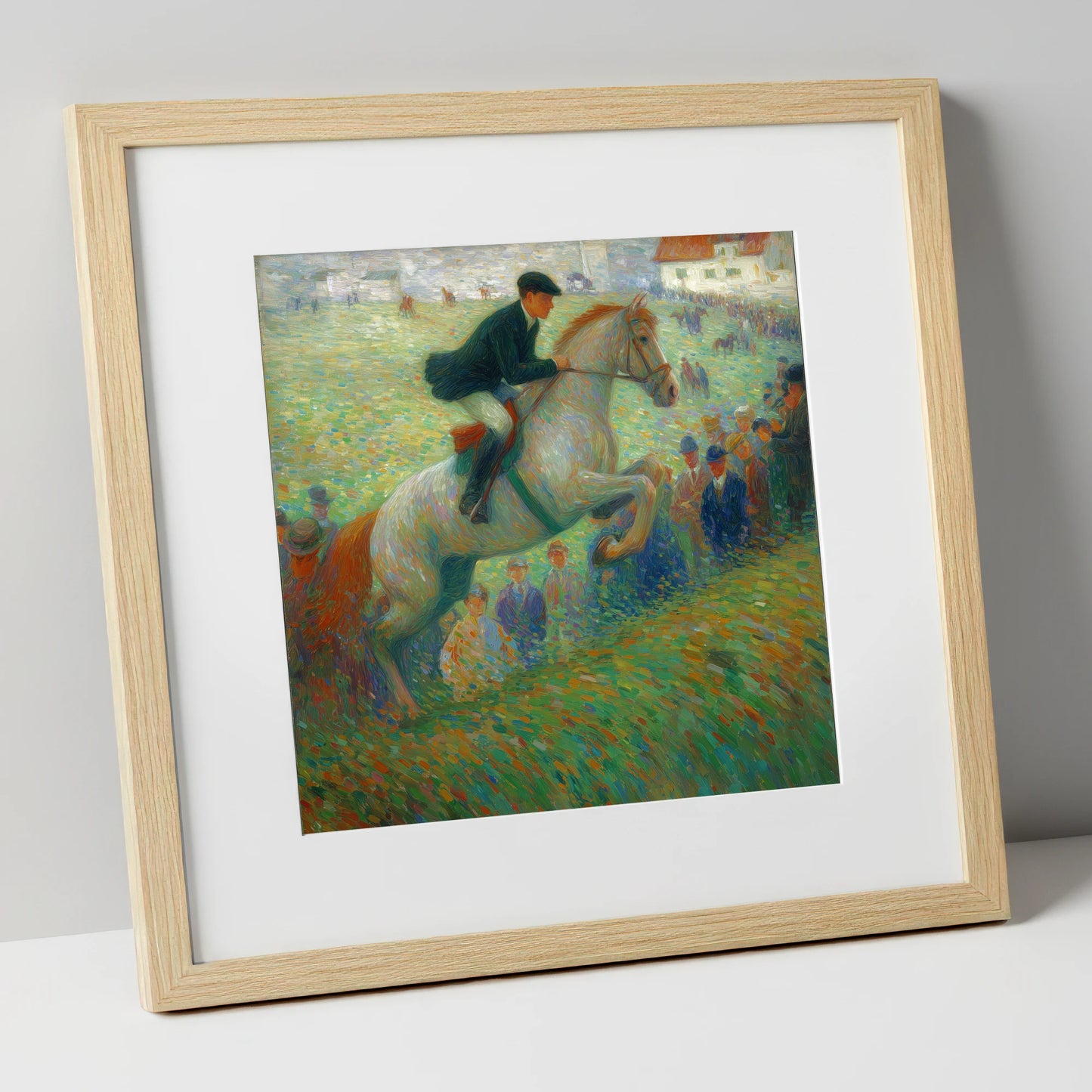 Luminous Grey in Flight show jumping horse art print in natural frame