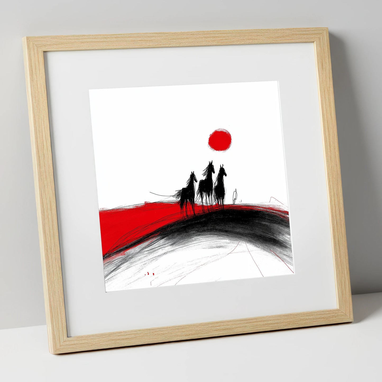 Crimson Sun Silhouettes horse landscape art print in natural frame