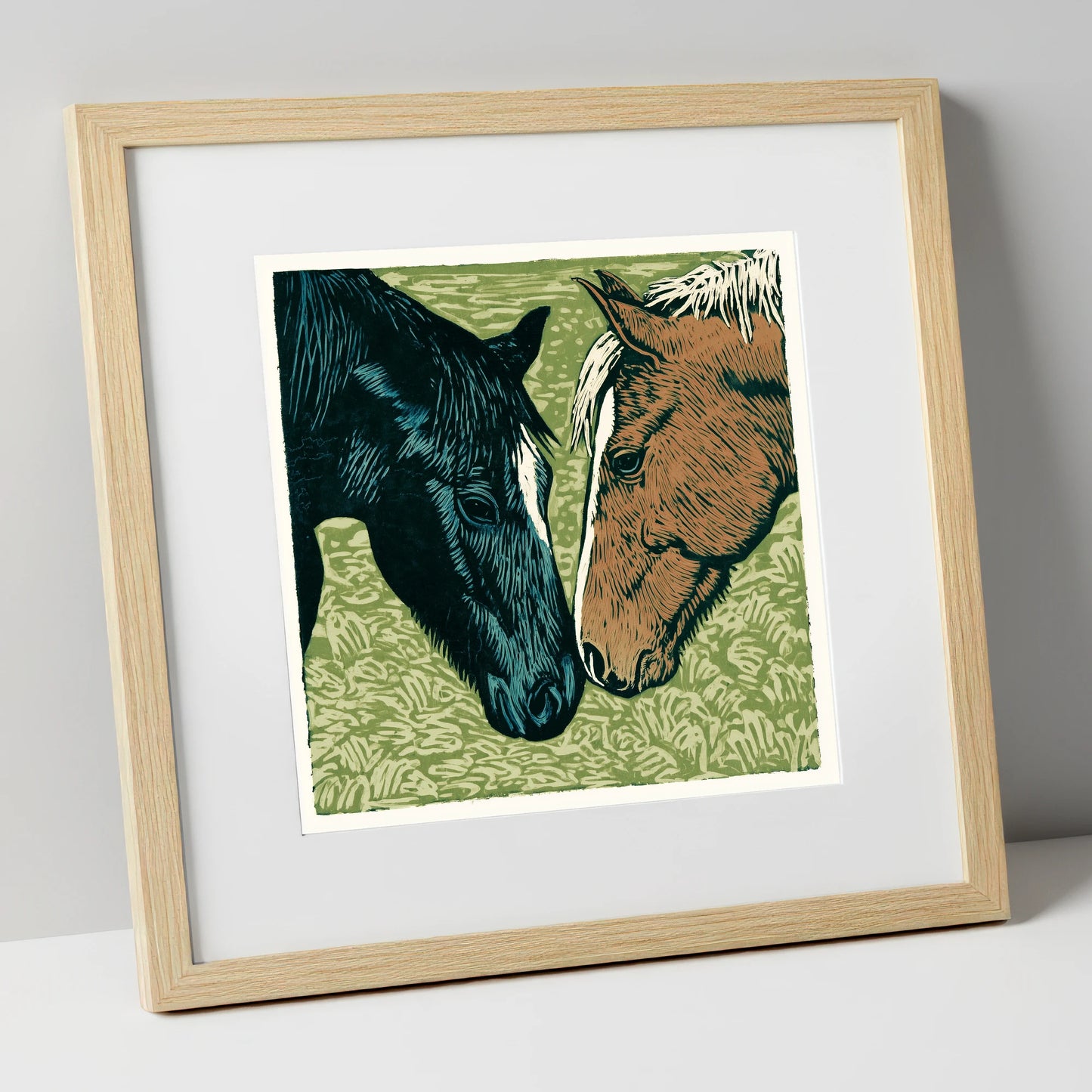 Gentle Greeting horse portrait art print in natural frame